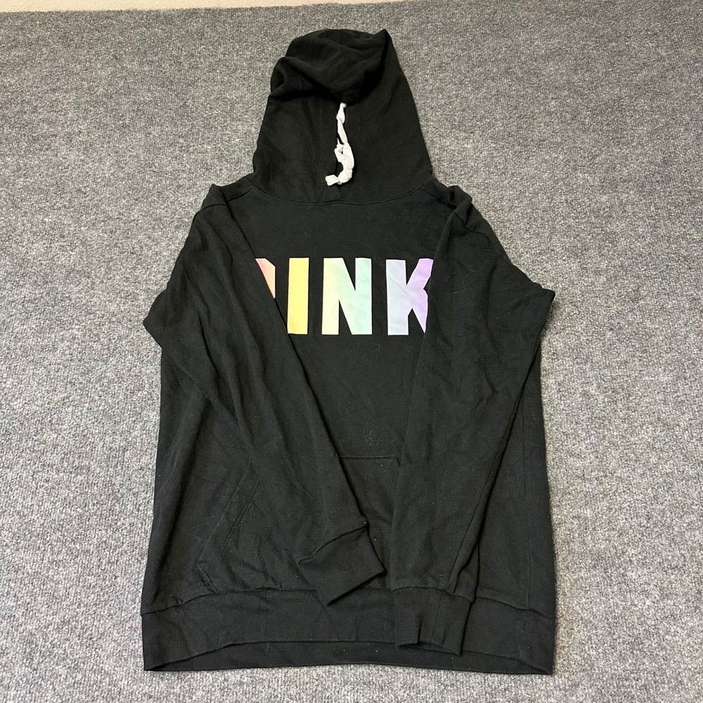 Pink Hoodie Womens Size XS Black Pastel Logo Pullover Long Sleeve Sweatshirt